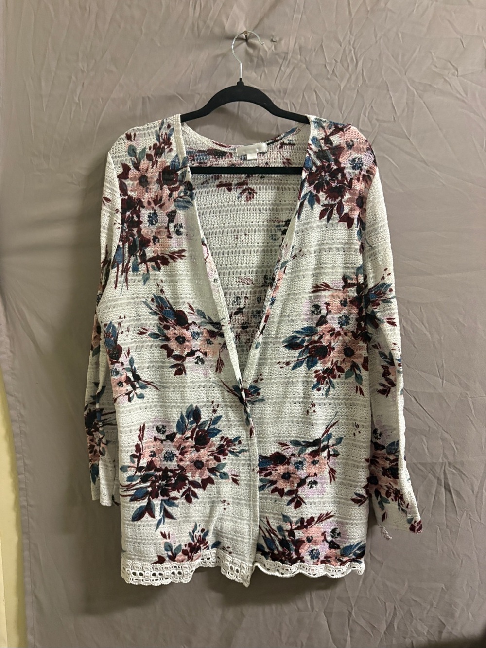 Floral Knit Cardigan with Lace Trim